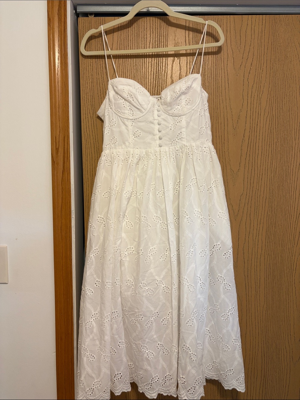 Olivaceous White Eyelet Spaghetti-Strap Midi Dress
